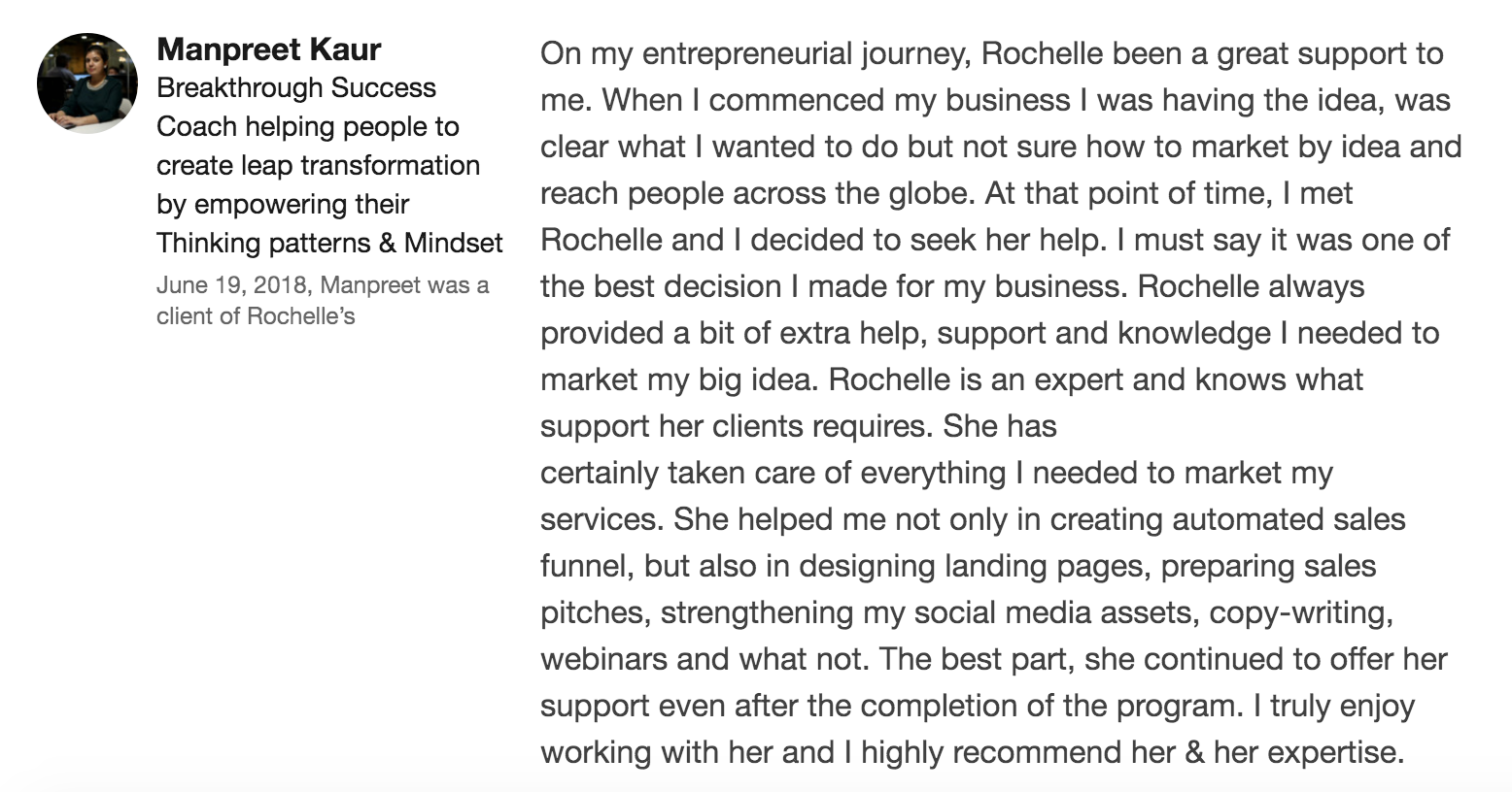 Testimonial for Rochelle Odubela